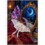 Finished diamond painting of a pale luna moth before a dark round amethyst mirror