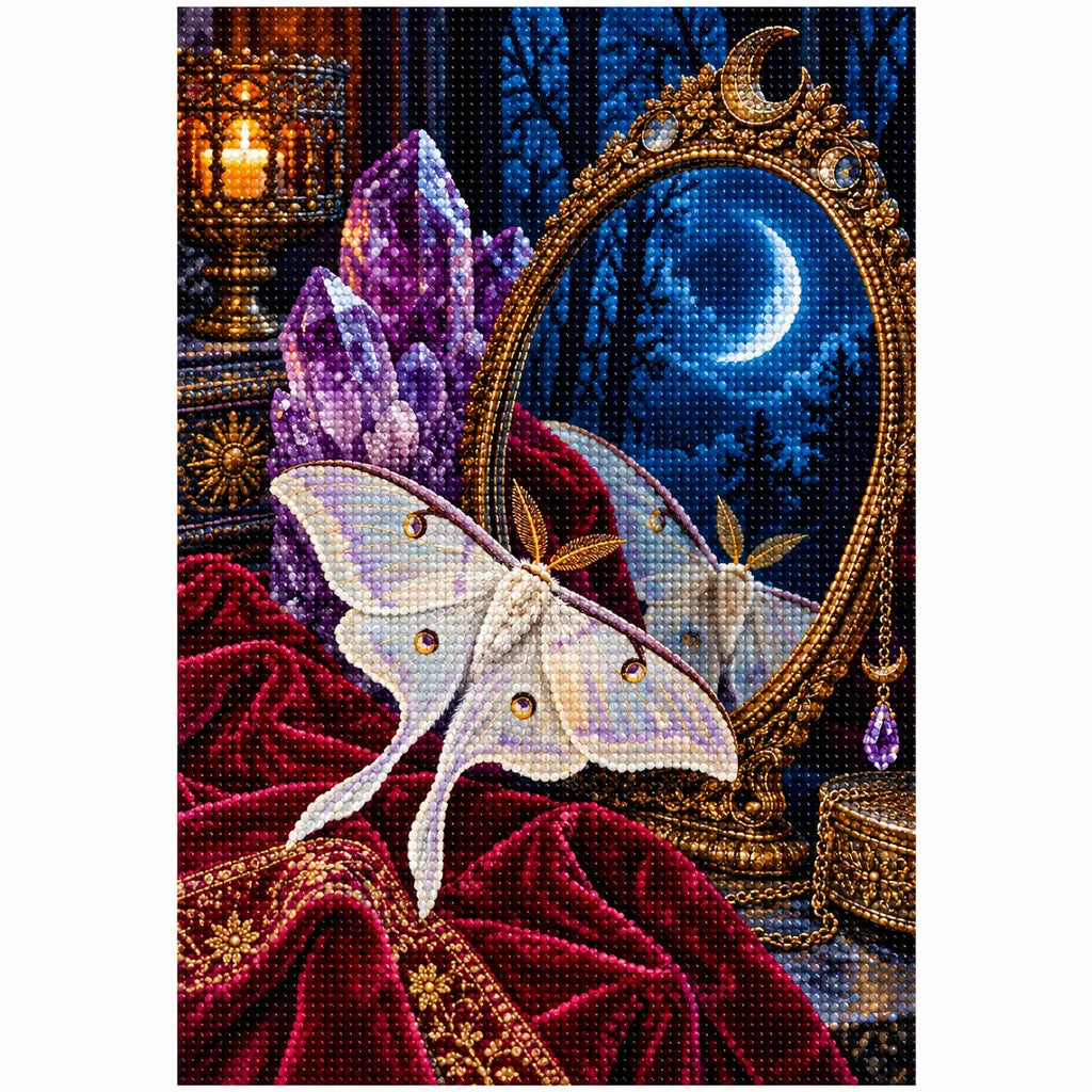 Finished diamond painting of a pale luna moth before a dark round amethyst mirror