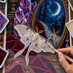 Hand placing diamond drills on the luna moth and amethyst mirror canvas