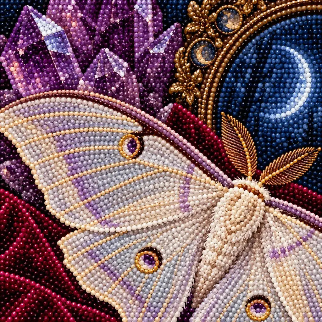 Close-up of faceted drills on the luna moth wings and amethyst mirror