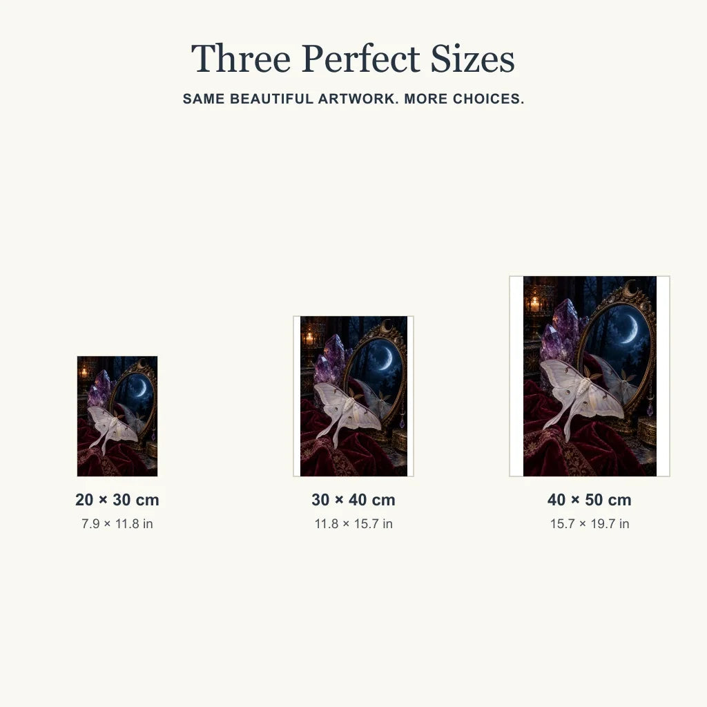 Portrait size guide for the luna moth and amethyst mirror design: 20 × 30, 30 × 40, and 40 × 50 cm