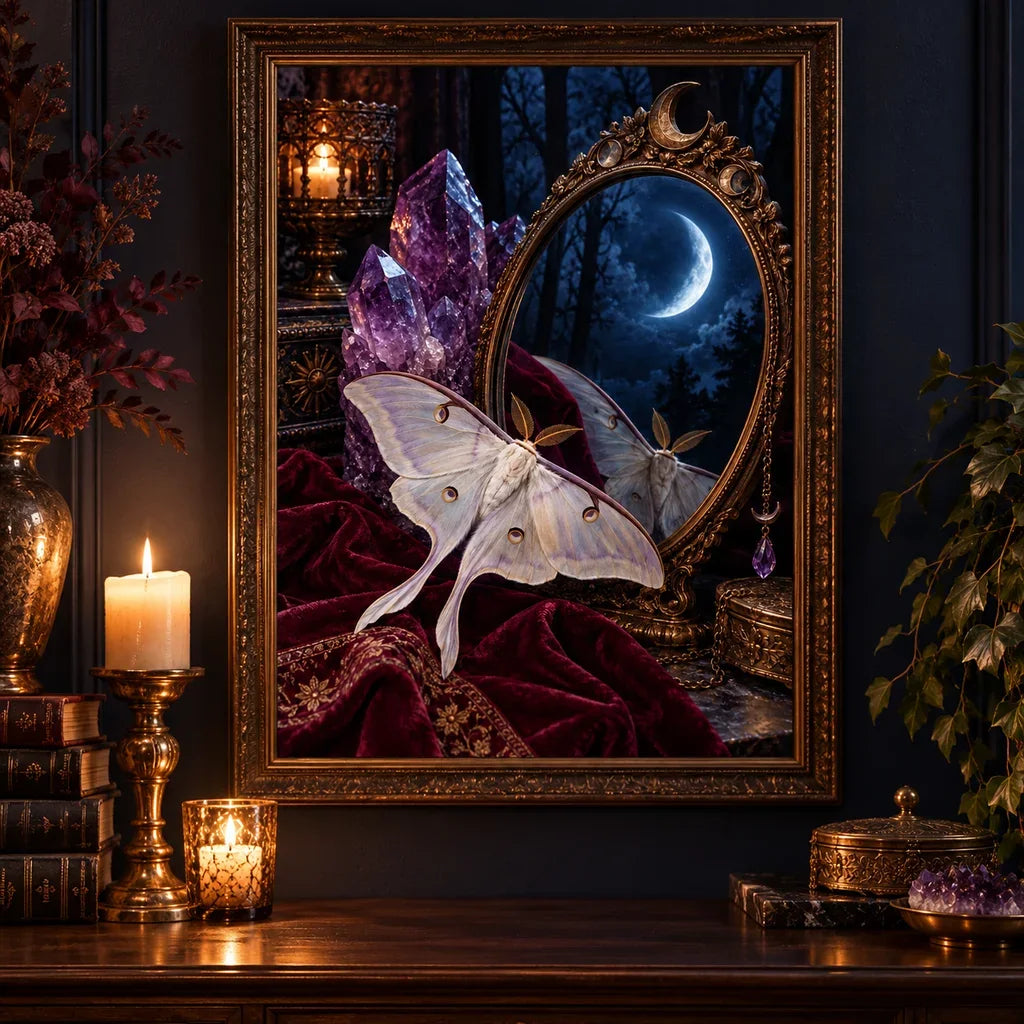Framed luna moth and amethyst mirror diamond painting displayed in a dark cozy interior