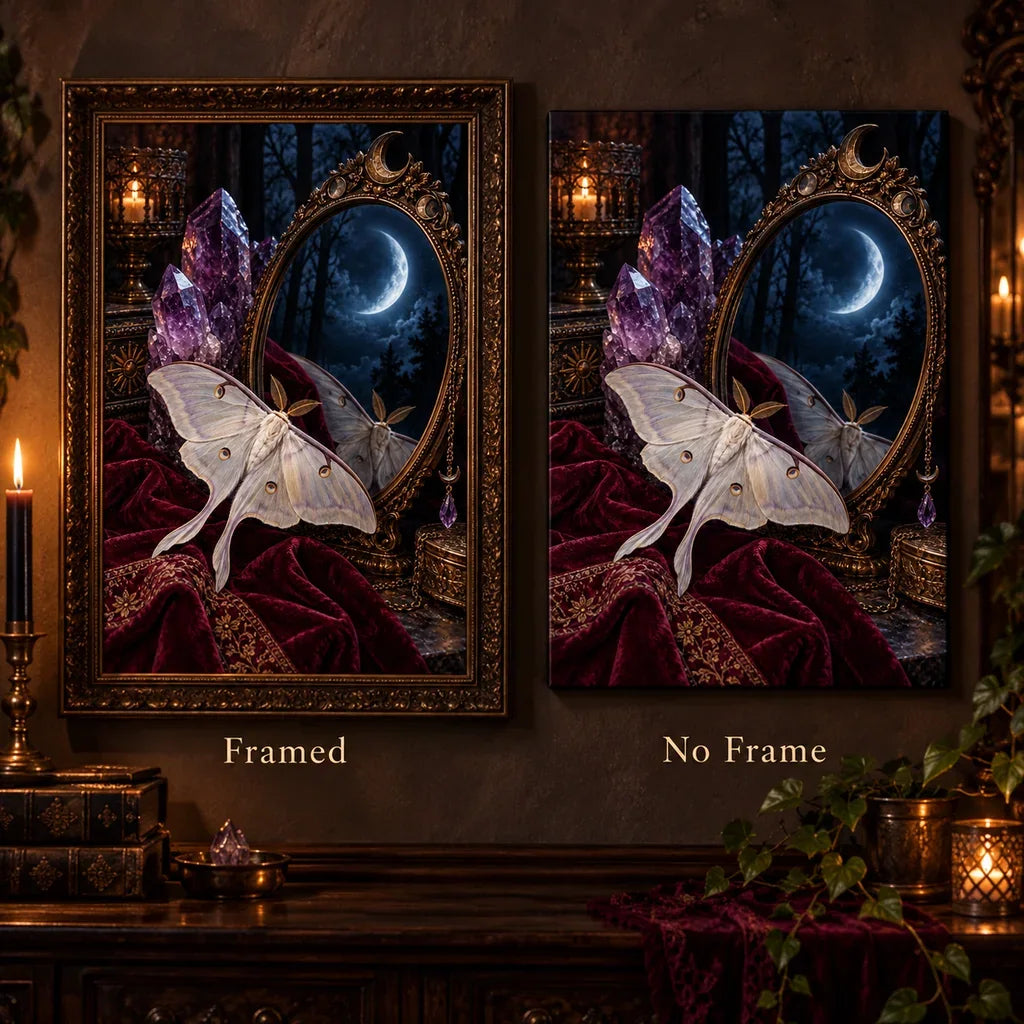 Framed and no-frame comparison for the luna moth and amethyst mirror diamond painting