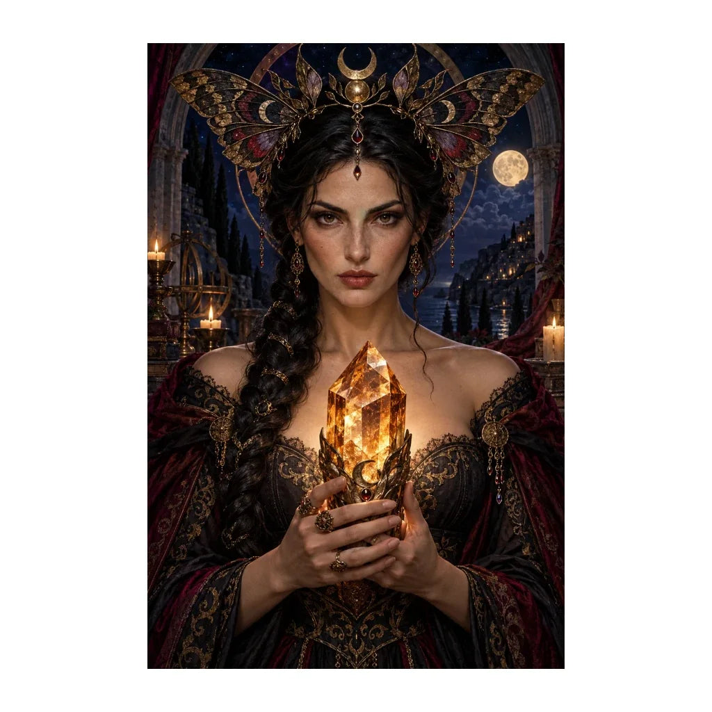Original design of a sibyl wearing a jeweled moth crown and holding a glowing amber crystal.