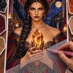 Hand placing drills on the moth crown sibyl diamond painting canvas.
