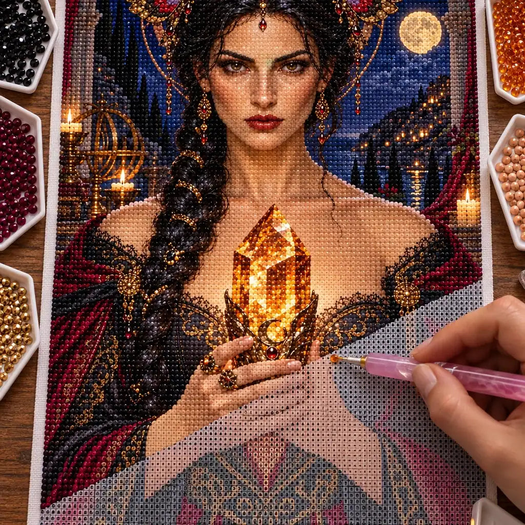 Hand placing drills on the moth crown sibyl diamond painting canvas.