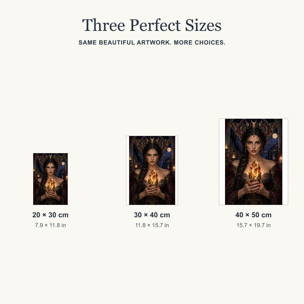 Three size options for the Moth Crown Sibyl diamond painting kit.