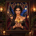 Framed Moth Crown Sibyl artwork displayed in a richly decorated room.