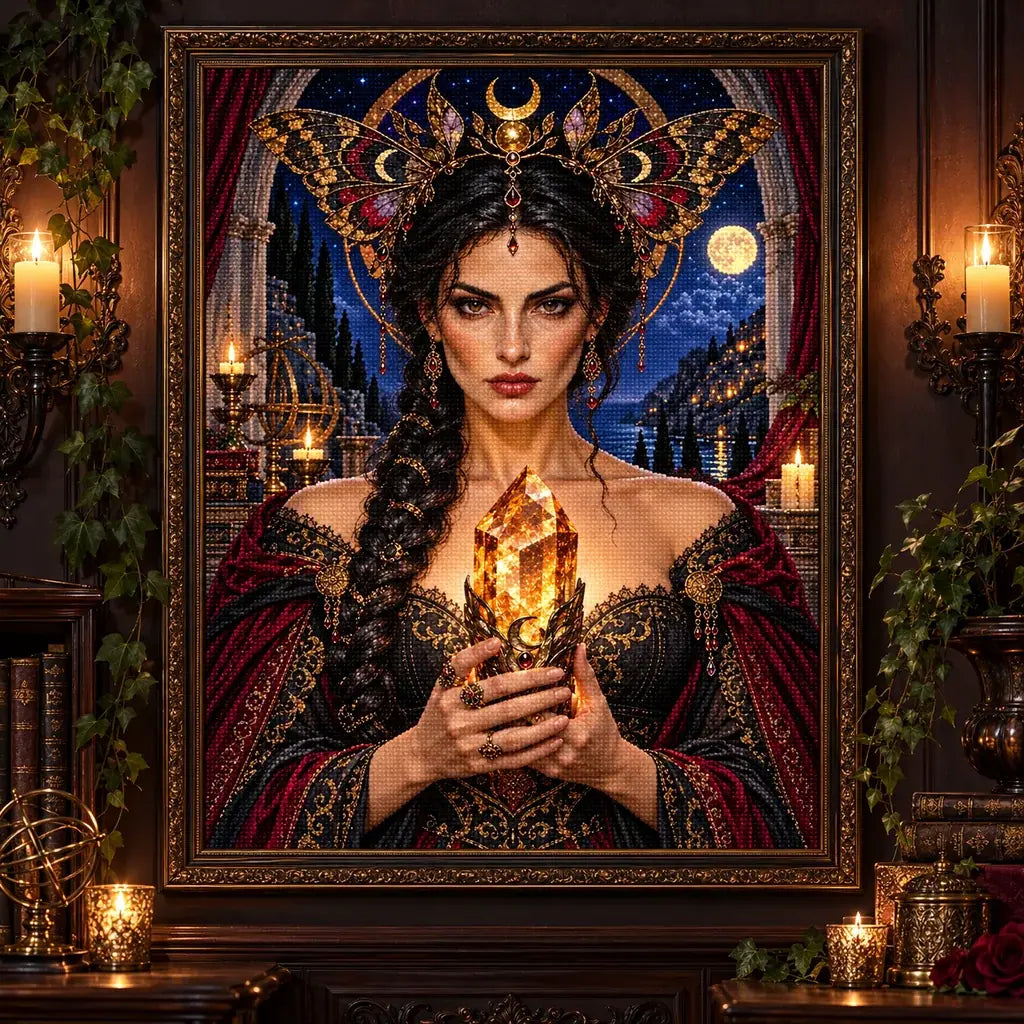 Framed Moth Crown Sibyl artwork displayed in a richly decorated room.