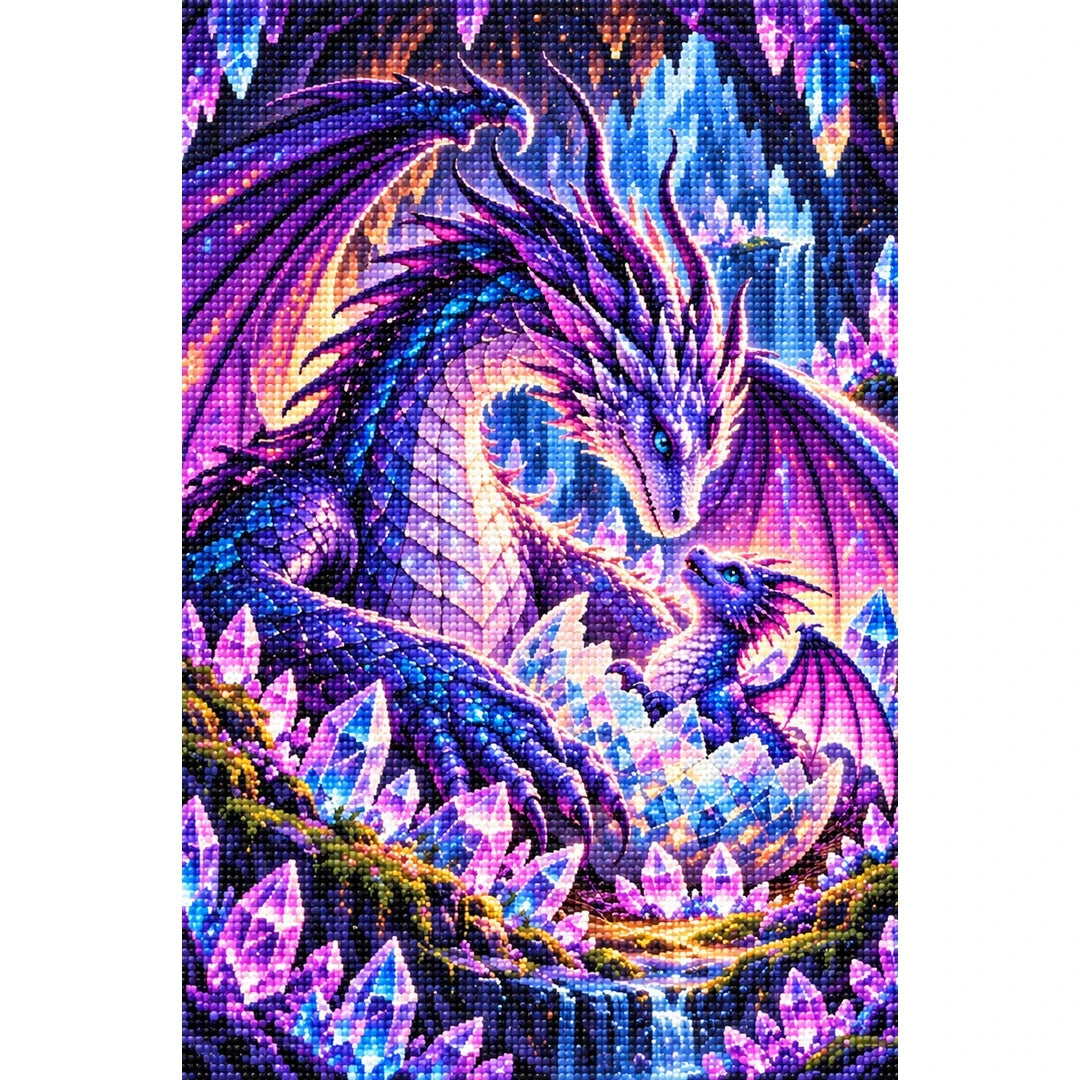 Mother Dragon Hatchling Crystal Nest — finished diamond painting on a white background