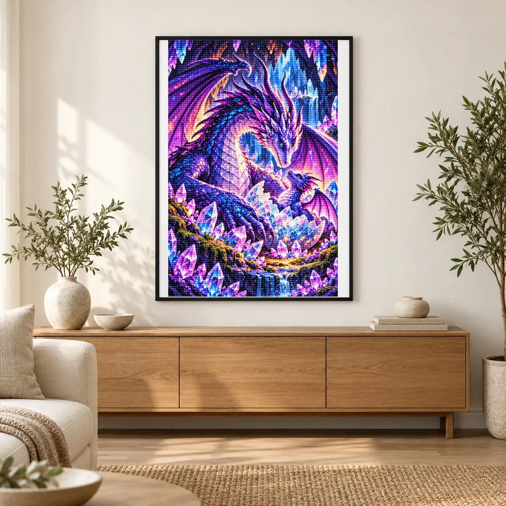 Mother Dragon Hatchling Crystal Nest — finished diamond painting displayed in a home interior