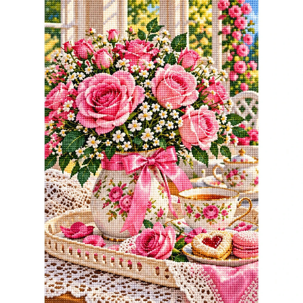 Mothers Day Roses Tea Tray — finished diamond painting on a white background