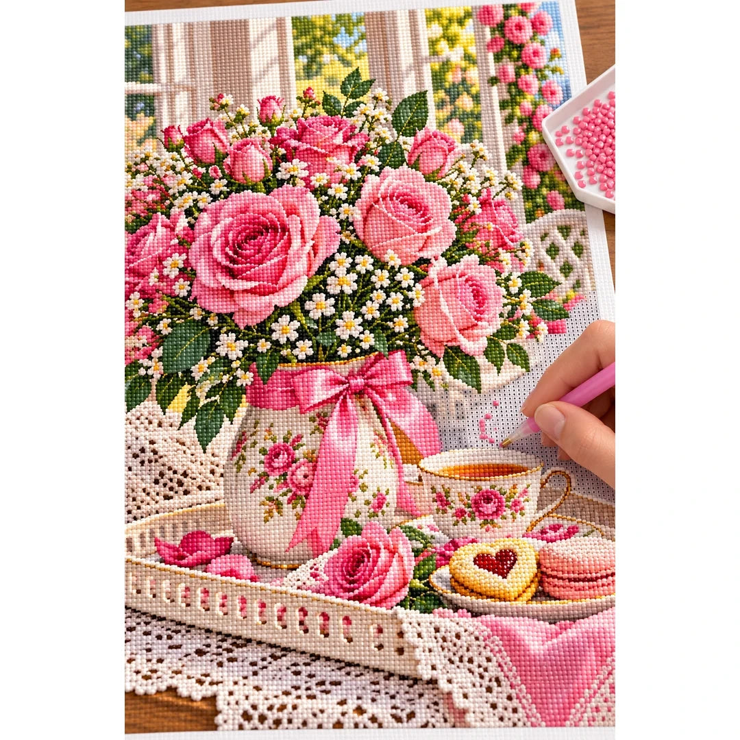 Mothers Day Roses Tea Tray — diamond painting process with applicator pen