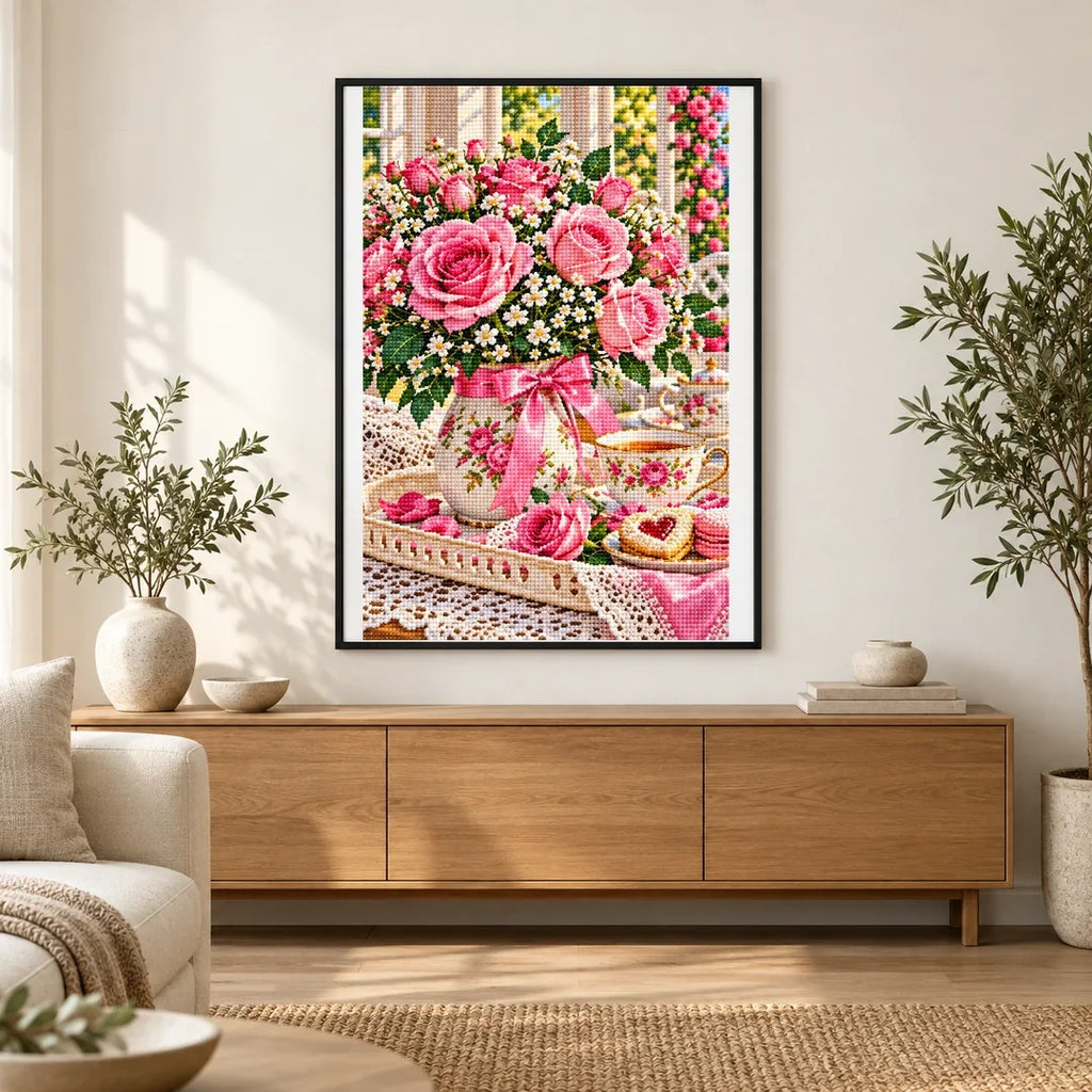 Mothers Day Roses Tea Tray — finished diamond painting displayed in a home interior