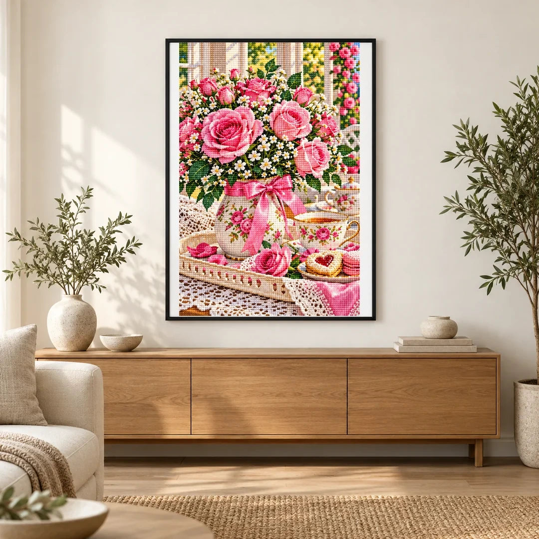 Mothers Day Roses Tea Tray — finished diamond painting displayed in a home interior