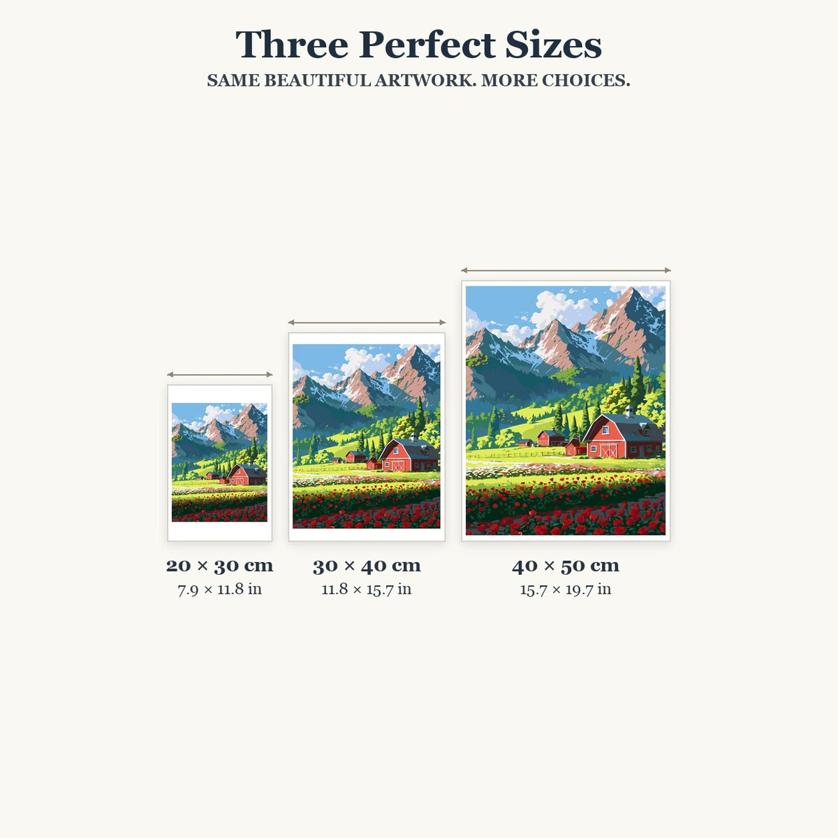 Size guide for Mountain Farmstead Bloom Diamond Painting Kit