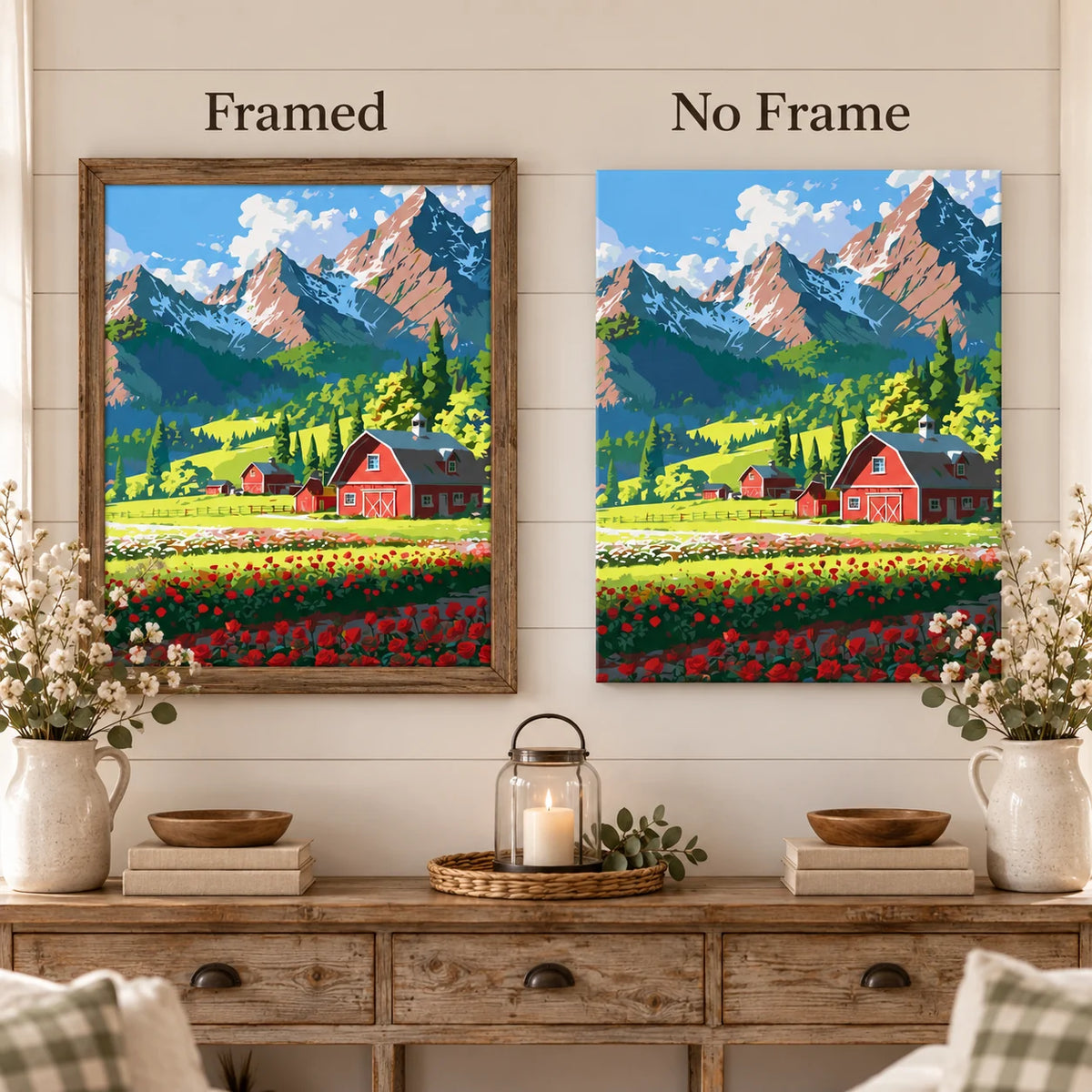 Framed and no-frame comparison for Mountain Farmstead Bloom Diamond Painting Kit