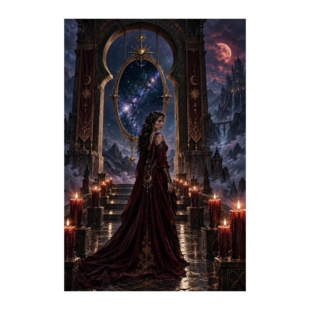 Original illustration of a woman in a burgundy gown before a starry mountain gate beneath the moon, on a white background