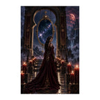 Original illustration of a woman in a burgundy gown before a starry mountain gate beneath the moon, on a white background