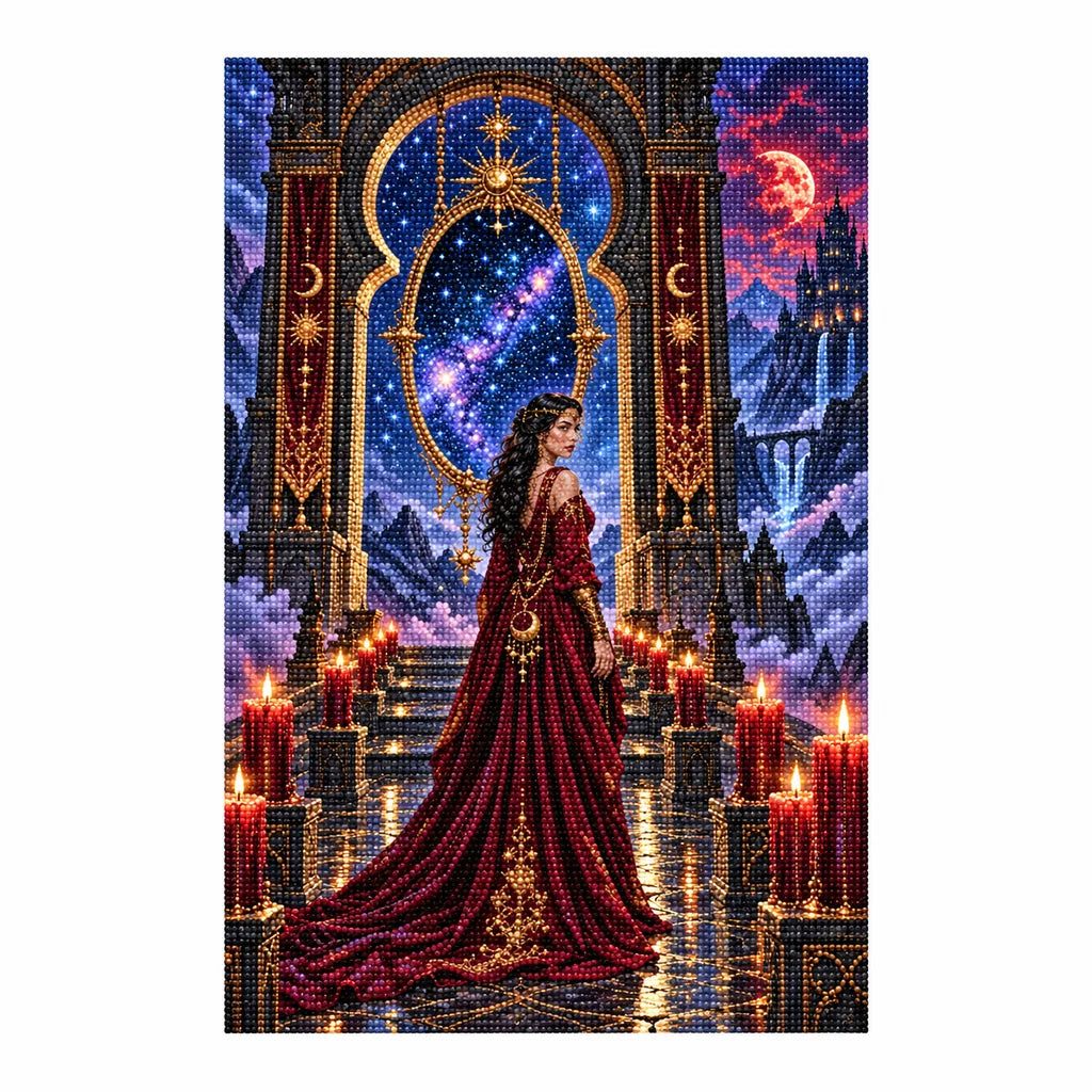 Finished diamond painting of an oracle at a moonlit starry gate