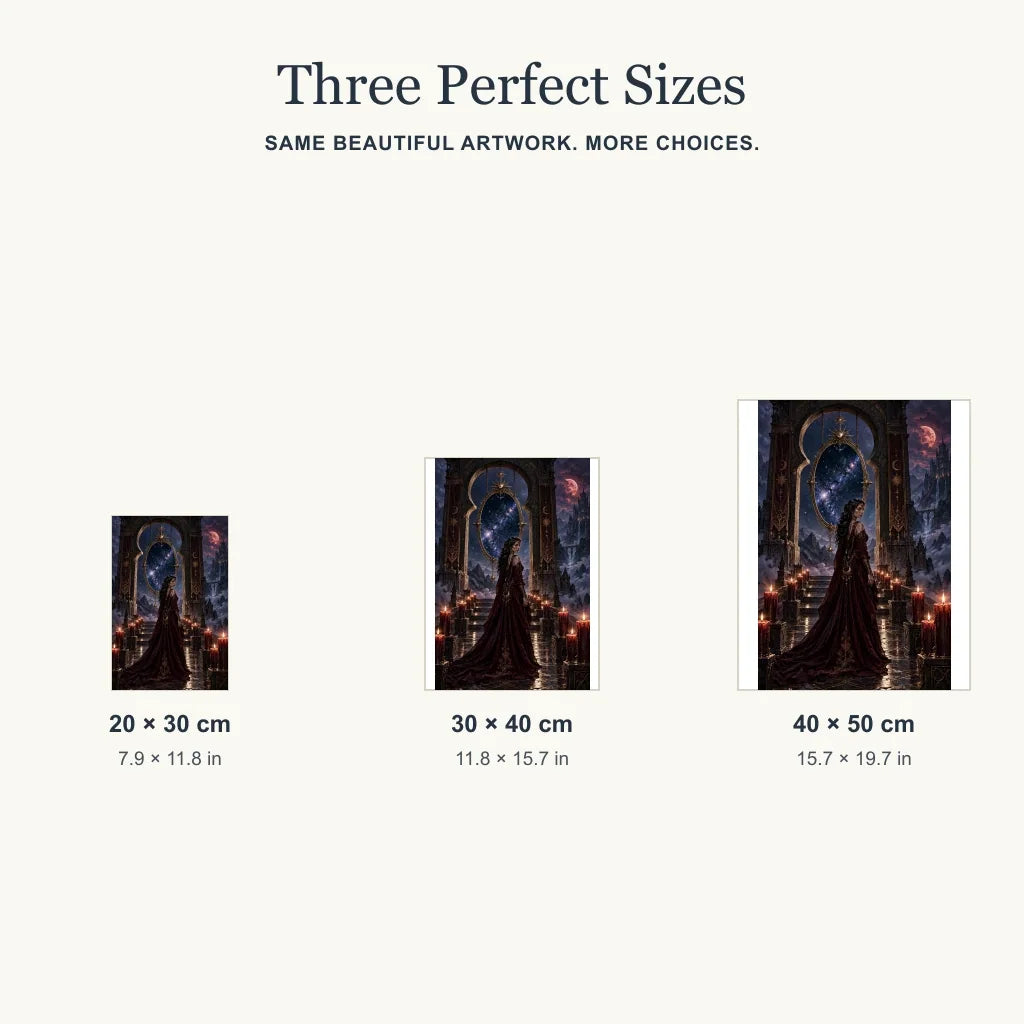 Portrait size guide for the mountain gate oracle design: 20 × 30, 30 × 40, and 40 × 50 cm
