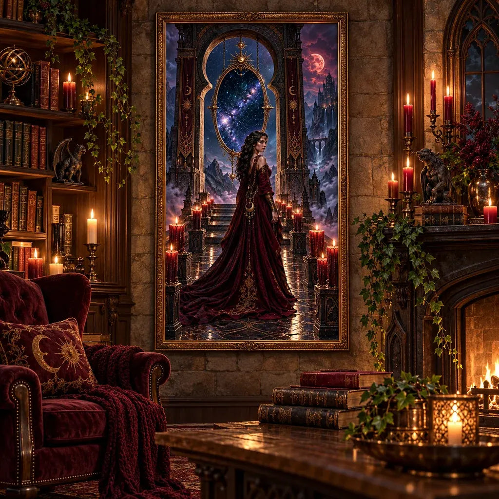 Framed mountain gate oracle diamond painting displayed in an ornate room
