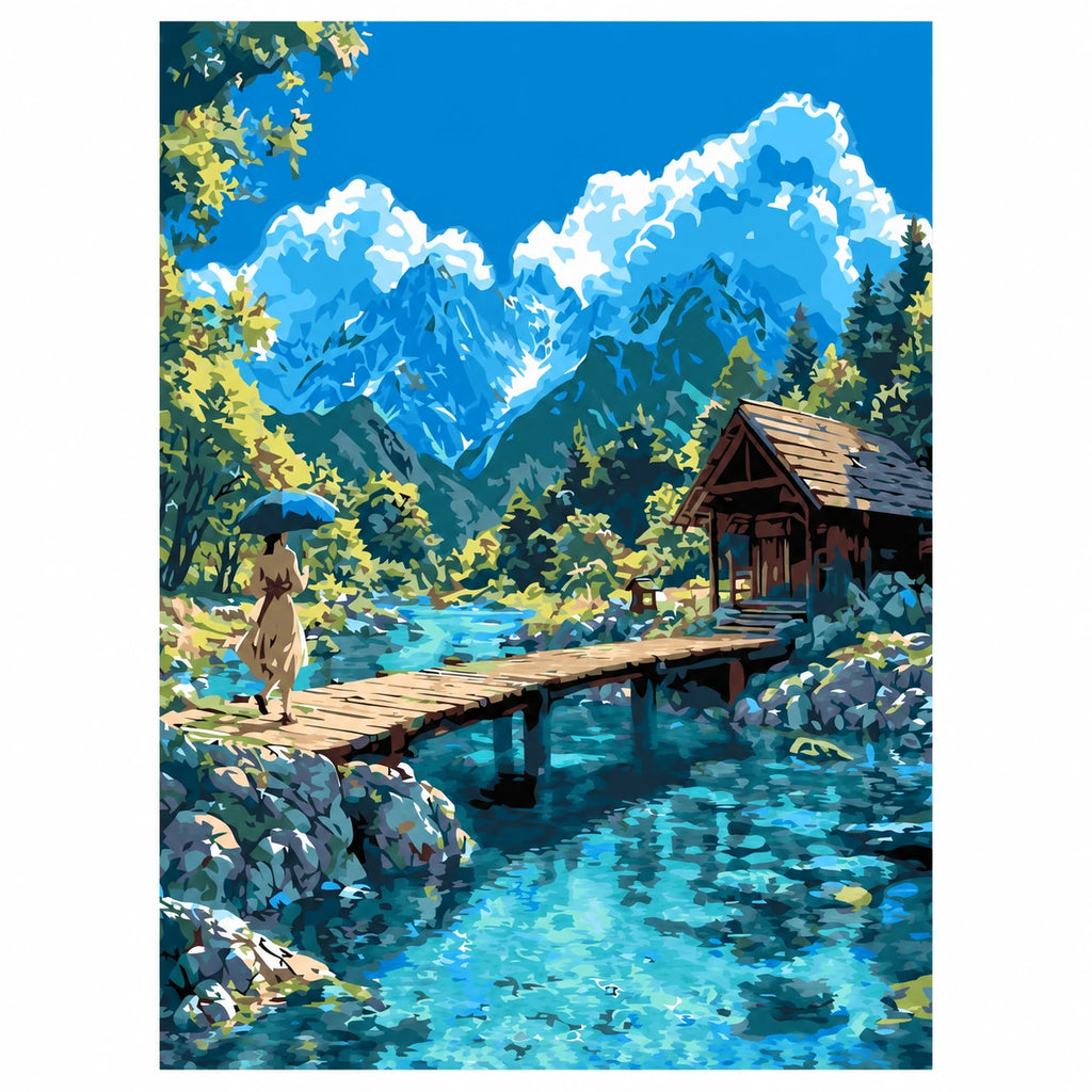 Original artwork for Mountain Lake Stroll Diamond Painting Kit, featuring its landscape design.