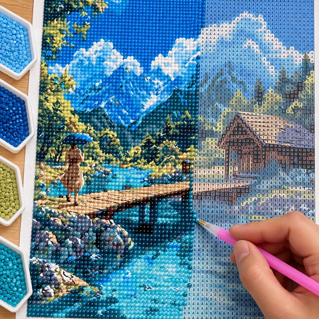 Hands placing diamond drills while working on the Mountain Lake Stroll diamond painting.