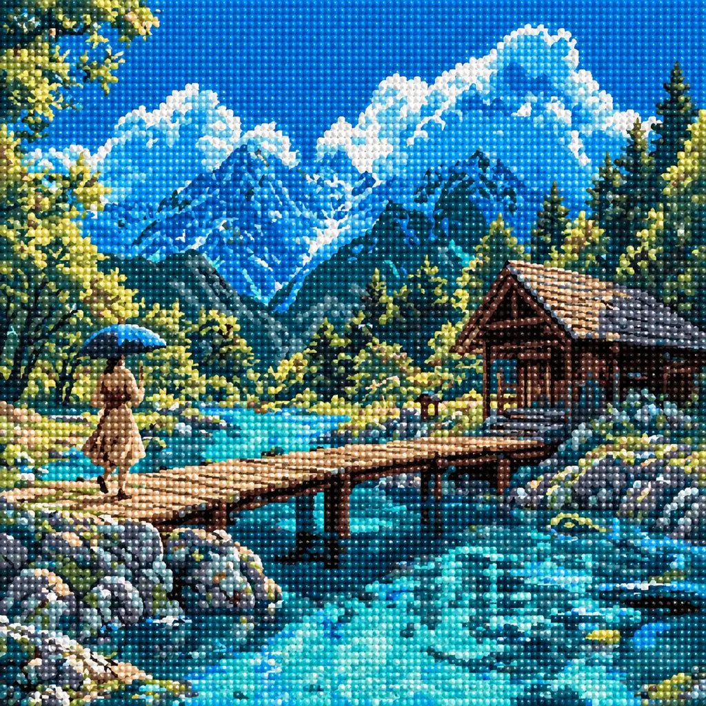 Close-up of the sparkling drill texture in the Mountain Lake Stroll diamond painting.