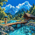 Close-up of the sparkling drill texture in the Mountain Lake Stroll diamond painting.