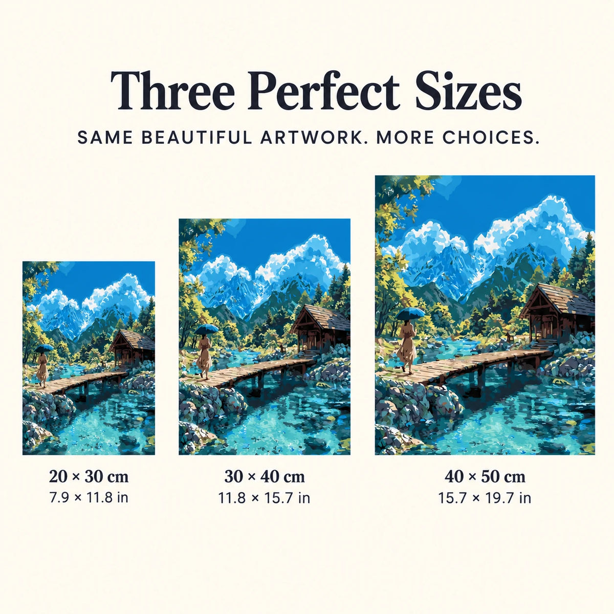 Size guide for Mountain Lake Stroll Diamond Painting Kit: 20 × 30, 30 × 40, and 40 × 50 cm.