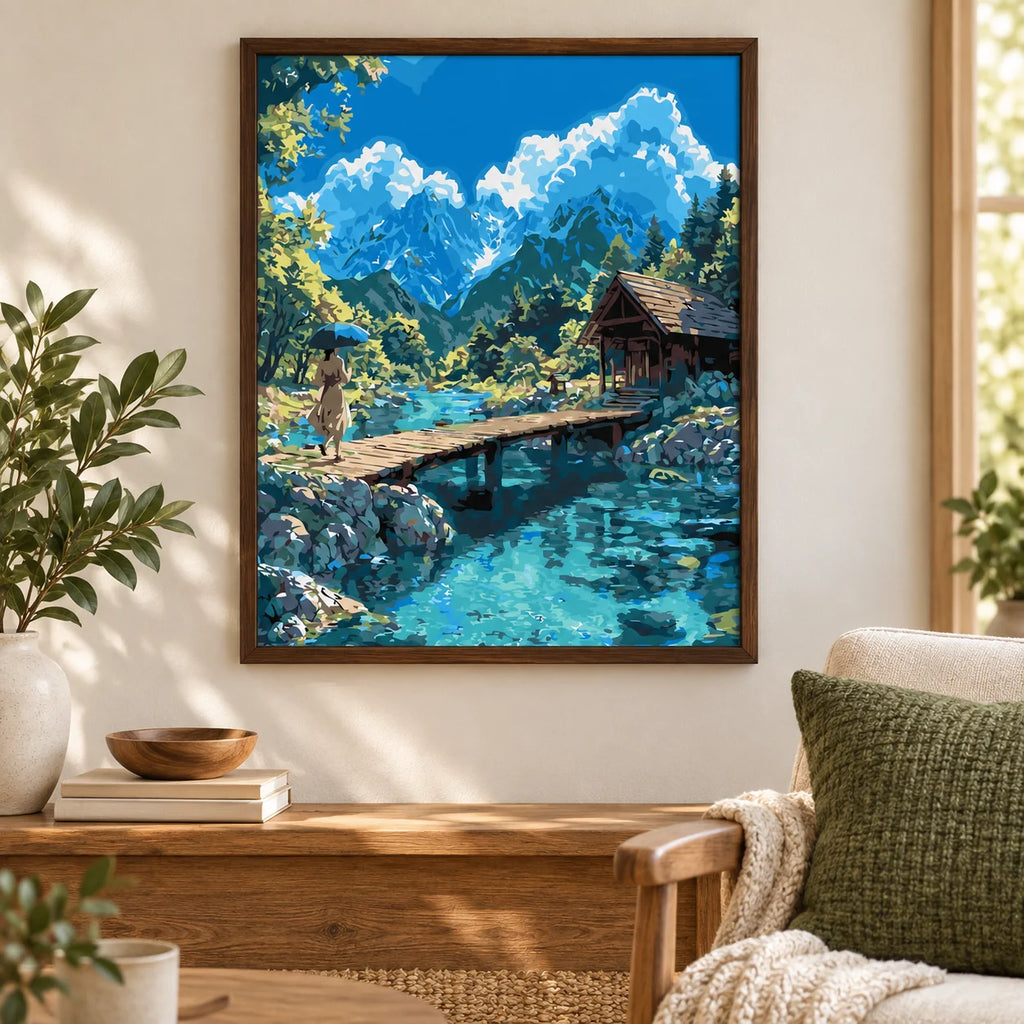 Mountain Lake Stroll diamond painting displayed as home wall decor.