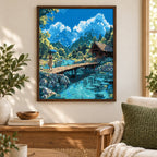 Mountain Lake Stroll diamond painting displayed as home wall decor.