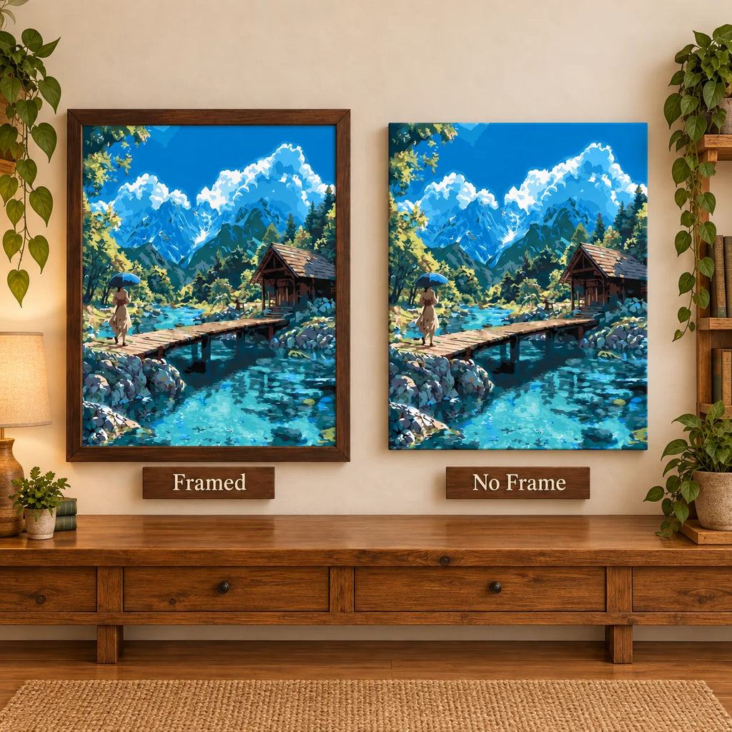Framed and no-frame display comparison for Mountain Lake Stroll Diamond Painting Kit.