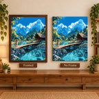Framed and no-frame display comparison for Mountain Lake Stroll Diamond Painting Kit.