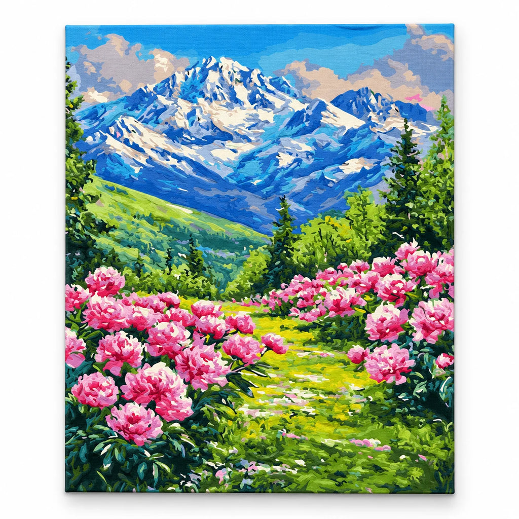 Mountain Meadow with Pink Flowers paint by numbers artwork on a front-facing canvas against a white background