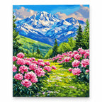 Mountain Meadow with Pink Flowers paint by numbers artwork on a front-facing canvas against a white background