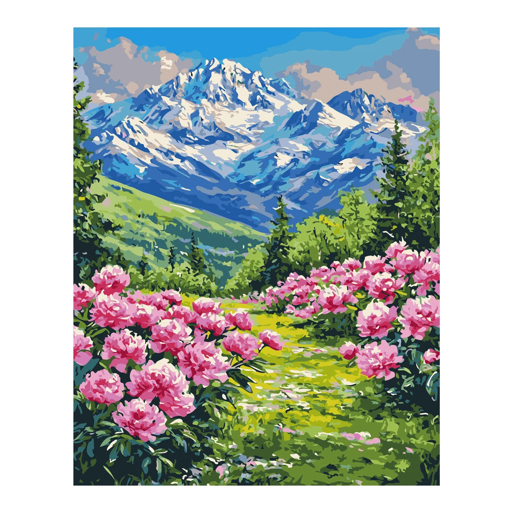 Mountain Meadow with Pink Flowers completed artwork on a clean white background