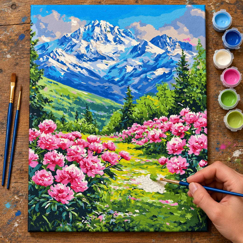 Complete Mountain Meadow with Pink Flowers numbered canvas being painted with acrylic paints and brushes