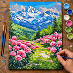 Complete Mountain Meadow with Pink Flowers numbered canvas being painted with acrylic paints and brushes