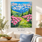 Mountain Meadow with Pink Flowers shown in a styled room with 15.7 × 19.7 in and 40 × 50 cm dimensions