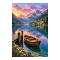 Original mountain lake sunset painting with a wooden rowboat at the dock