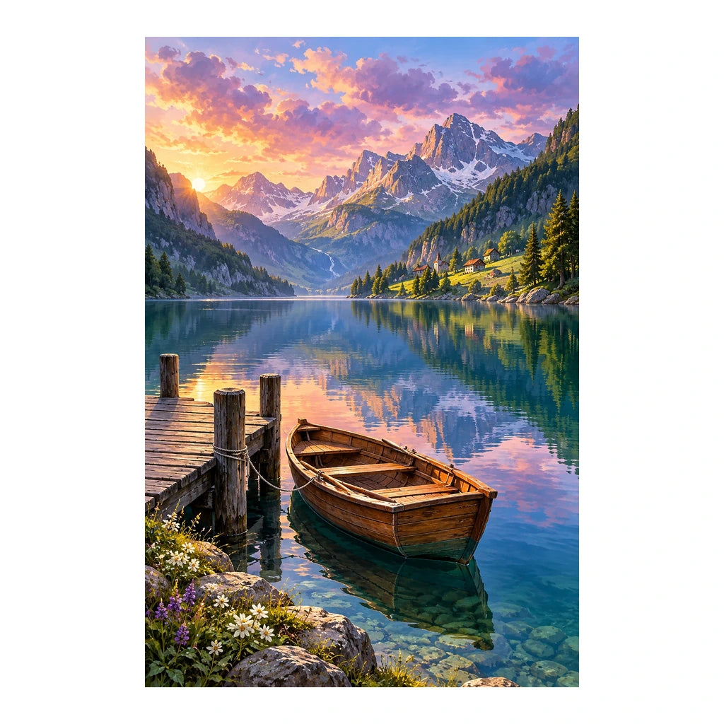 Original mountain lake sunset painting with a wooden rowboat at the dock