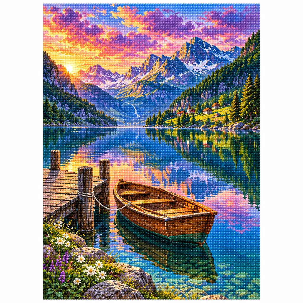 Finished mountain lake rowboat diamond painting with sparkling drills on a white background