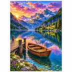Finished mountain lake rowboat diamond painting with sparkling drills on a white background