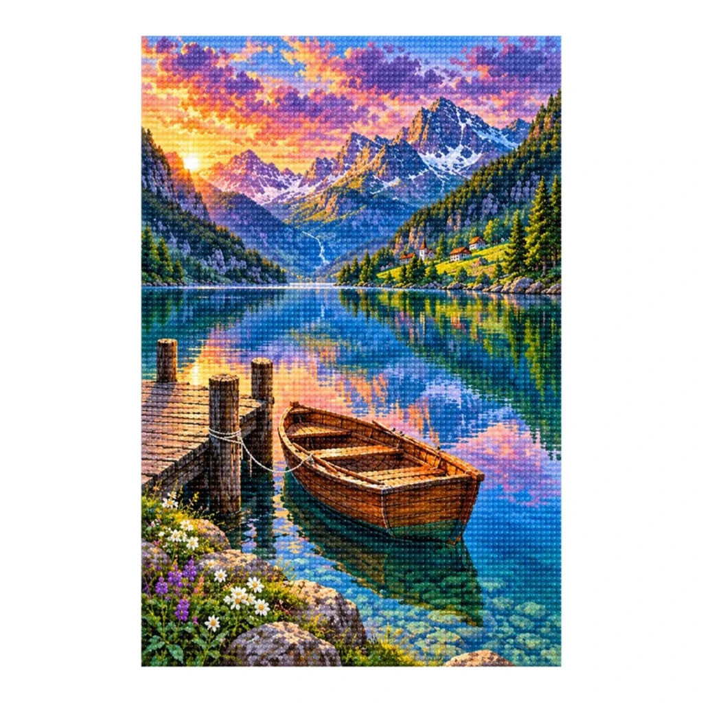 Finished mountain lake rowboat diamond painting with sparkling drills on a white background