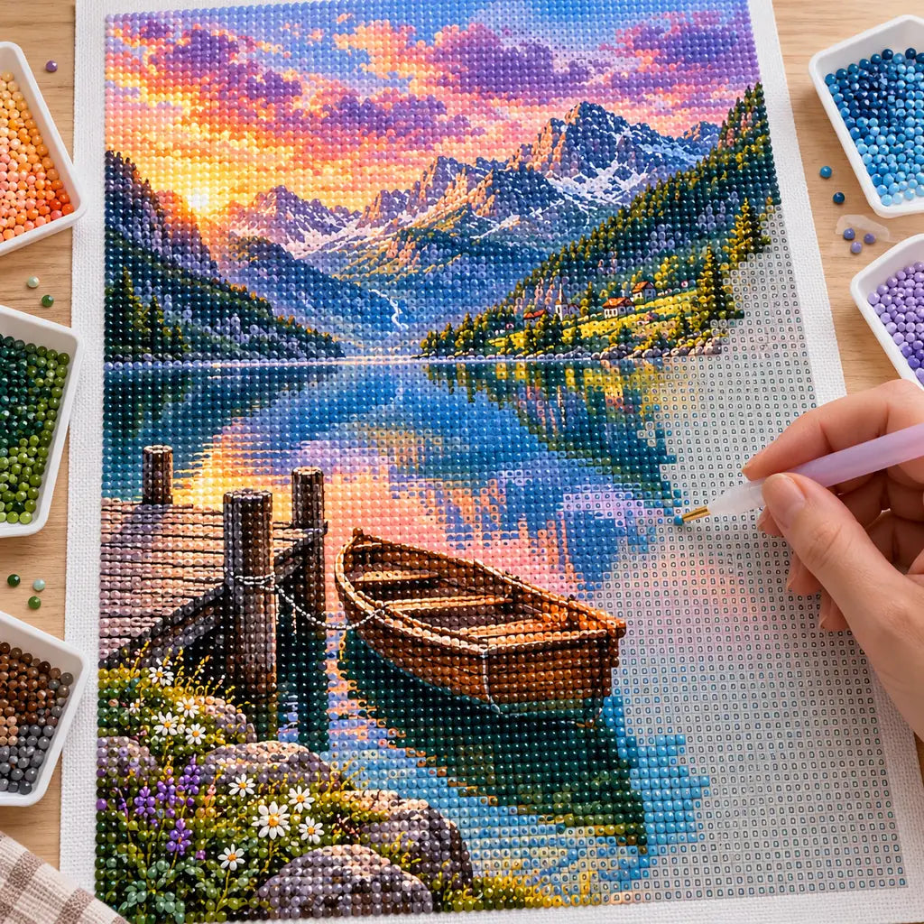 Hand placing drills on a mountain lake rowboat diamond painting canvas