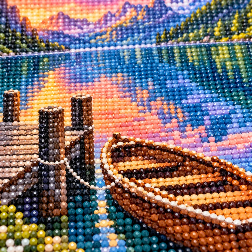 Close-up of drills forming the rowboat, dock, mountain reflections, and lakeside flowers