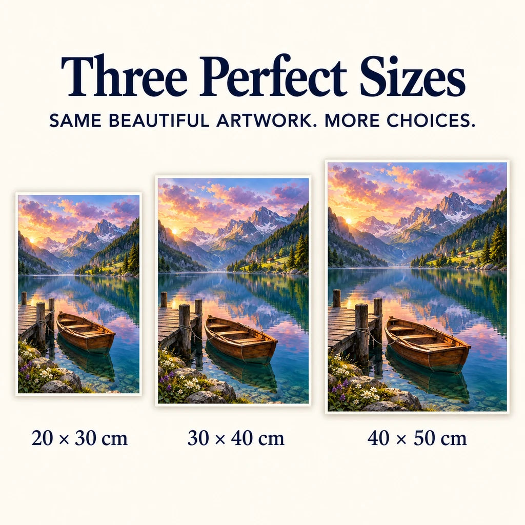 Mountain lake rowboat diamond painting shown in 20 × 30 cm, 30 × 40 cm, and 40 × 50 cm sizes