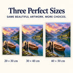 Mountain lake rowboat diamond painting shown in 20 × 30 cm, 30 × 40 cm, and 40 × 50 cm sizes